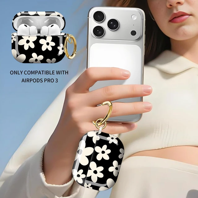 Alt view image 2 of 6 - for AirPods Pro 3 Case, Compatible with AirPods Pro 3rd Generation Case (2025), Shockproof Protective Cover with Golden Carabine (Cute Black Floral)