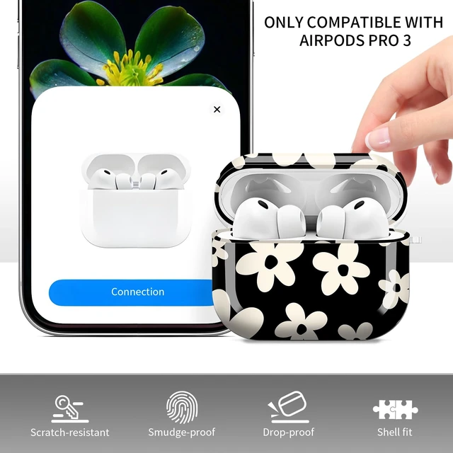 Alt view image 3 of 6 - for AirPods Pro 3 Case, Compatible with AirPods Pro 3rd Generation Case (2025), Shockproof Protective Cover with Golden Carabine (Cute Black Floral)