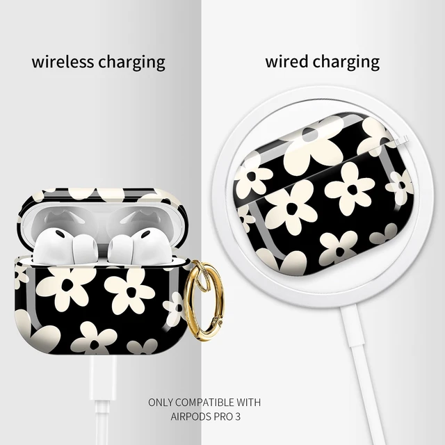 Alt view image 4 of 6 - for AirPods Pro 3 Case, Compatible with AirPods Pro 3rd Generation Case (2025), Shockproof Protective Cover with Golden Carabine (Cute Black Floral)
