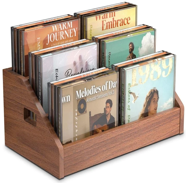 Main image of 3 Tier CD Holder,Wood CD Storage Rack,CD/DVD Display Stand Holds 24 Jewel Cases,CD Organizer with Handles for CD DVD Cassettes Tapes,Rustic Brown for Home Office & Music Lovers
