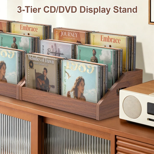 Alt view image 2 of 7 - 3 Tier CD Holder,Wood CD Storage Rack,CD/DVD Display Stand Holds 24 Jewel Cases,CD Organizer with Handles for CD DVD Cassettes Tapes,Rustic Brown for Home Office & Music Lovers