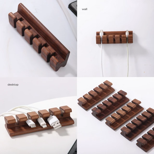 Alt view image 7 of 7 - Walnut Wood Cord Holder 5 Slots Cable Organizer with Adhesive Tape, Desk Wire Management for USB, Charging, HDMI, and Type-C Cables (5 Slot)