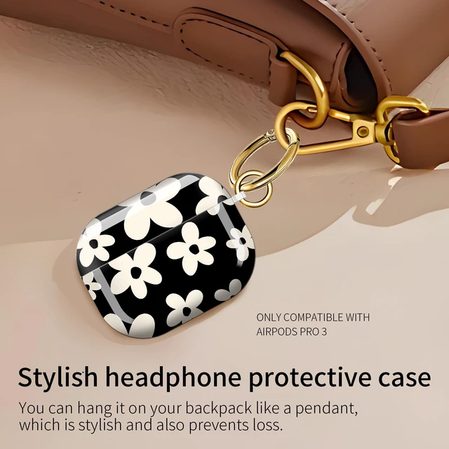 Alt view image 6 of 6 - for AirPods Pro 3 Case, Compatible with AirPods Pro 3rd Generation Case (2025), Shockproof Protective Cover with Golden Carabine (Cute Black Floral)