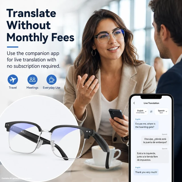 Alt view image 2 of 7 - Smart Glasses with Translation for Travel, Bluetooth Audio & Calls 164-language voice translation with no lens display or subscription, plus open-ear audio and calls for travel and daily use