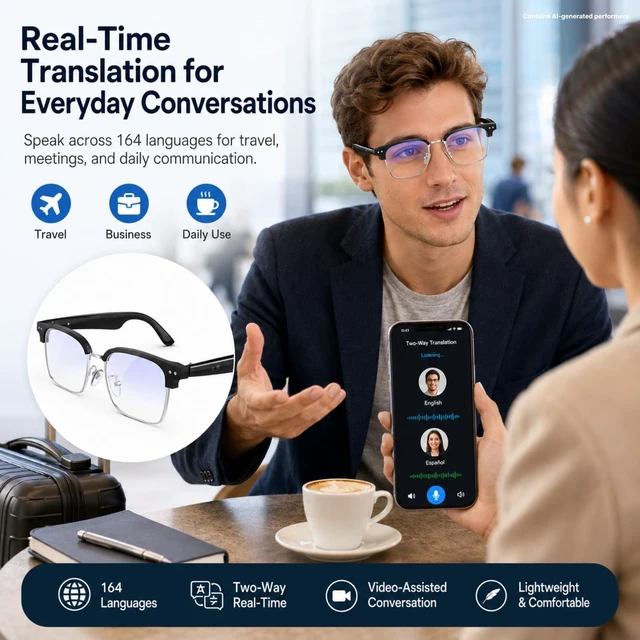 Alt view image 4 of 7 - Smart Glasses with Translation for Travel, Bluetooth Audio & Calls 164-language voice translation with no lens display or subscription, plus open-ear audio and calls for travel and daily use