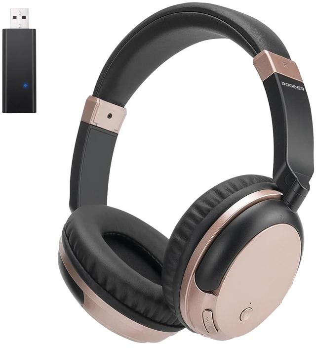 Main image of Wireless TV Headphones with Bluetooth USB Transmitter - Rose Gold Low latency over-ear headset with clear mic & 3.5mm AUX. Connect to TV/PC via USB transmitter or directly to phone
