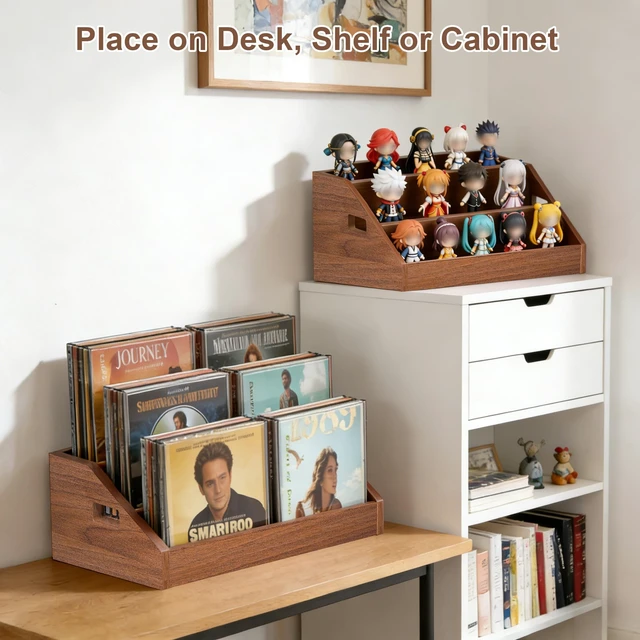Alt view image 4 of 7 - 3 Tier CD Holder,Wood CD Storage Rack,CD/DVD Display Stand Holds 24 Jewel Cases,CD Organizer with Handles for CD DVD Cassettes Tapes,Rustic Brown for Home Office & Music Lovers