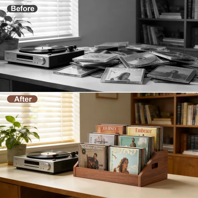 Alt view image 7 of 7 - 3 Tier CD Holder,Wood CD Storage Rack,CD/DVD Display Stand Holds 24 Jewel Cases,CD Organizer with Handles for CD DVD Cassettes Tapes,Rustic Brown for Home Office & Music Lovers