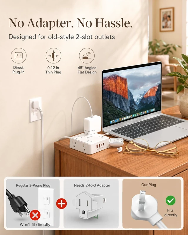 Alt view image 2 of 7 - 2 Prong Power Strip, 2 Prong to 3 Prong Outlet Adapter with 5ft Cord 1400J Two Prong Surge Protector, 8 AC with 2 USB A and 2 USB C, Thin Flat Polarized Plug, Wall Mountable, Ideal for Old House