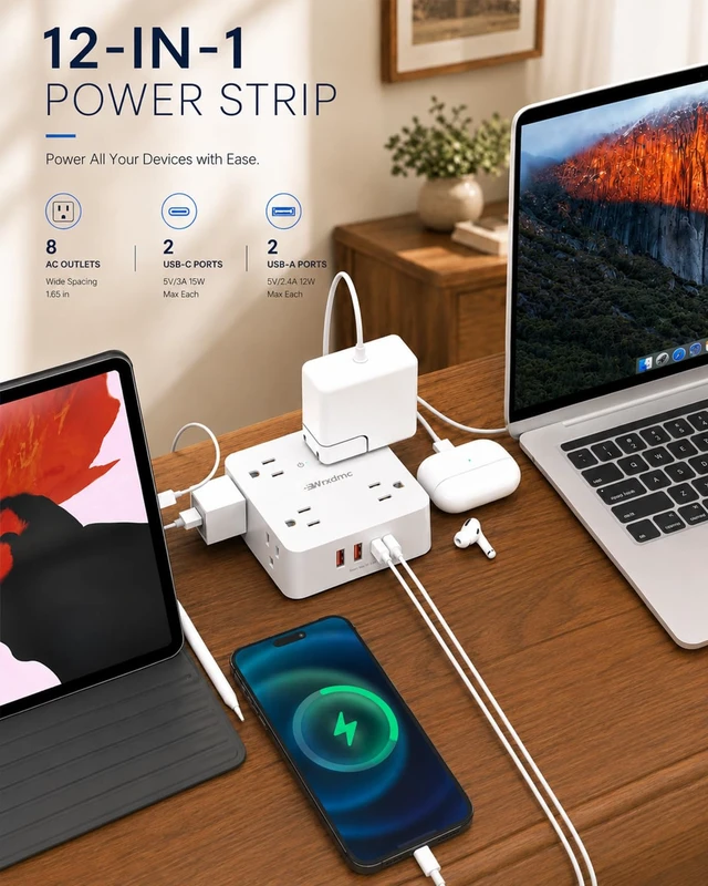 Alt view image 3 of 7 - 2 Prong Power Strip, 2 Prong to 3 Prong Outlet Adapter with 5ft Cord 1400J Two Prong Surge Protector, 8 AC with 2 USB A and 2 USB C, Thin Flat Polarized Plug, Wall Mountable, Ideal for Old House