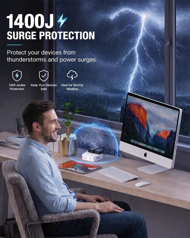 Alt view image 5 of 7 - 2 Prong Power Strip, 2 Prong to 3 Prong Outlet Adapter with 5ft Cord 1400J Two Prong Surge Protector, 8 AC with 2 USB A and 2 USB C, Thin Flat Polarized Plug, Wall Mountable, Ideal for Old House