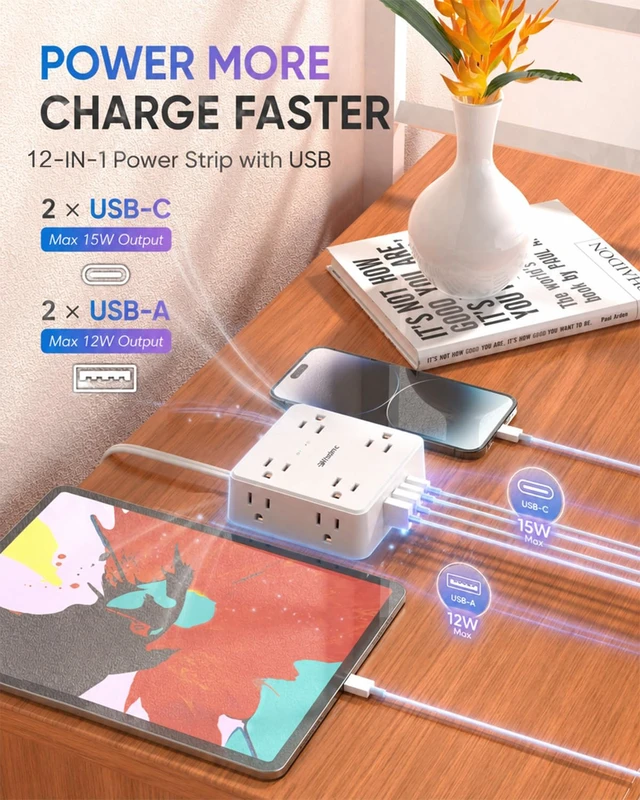 Alt view image 6 of 7 - 2 Prong Power Strip, 2 Prong to 3 Prong Outlet Adapter with 5ft Cord 1400J Two Prong Surge Protector, 8 AC with 2 USB A and 2 USB C, Thin Flat Polarized Plug, Wall Mountable, Ideal for Old House