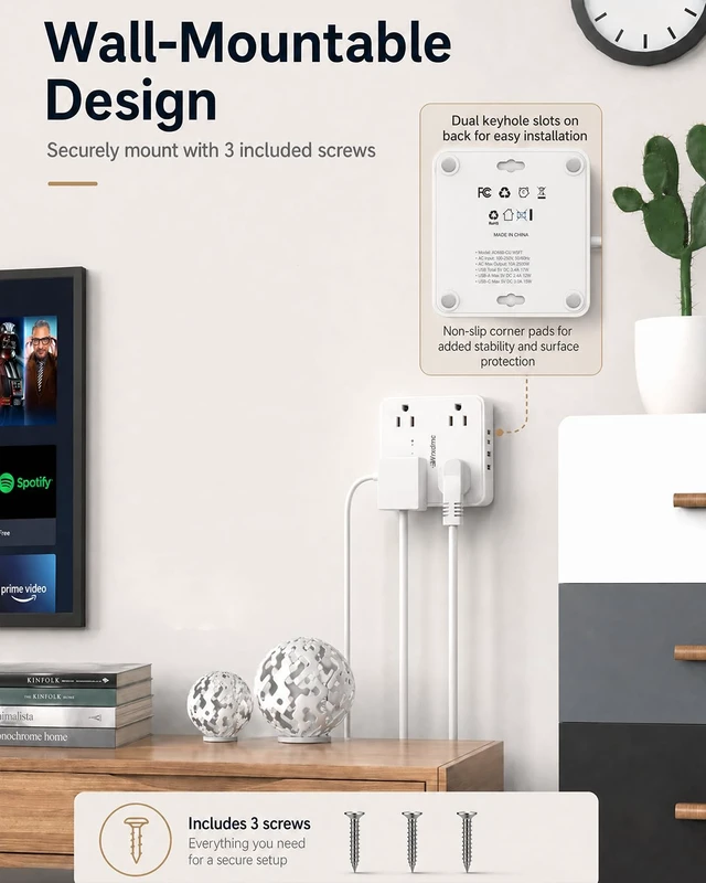 Alt view image 7 of 7 - 2 Prong Power Strip, 2 Prong to 3 Prong Outlet Adapter with 5ft Cord 1400J Two Prong Surge Protector, 8 AC with 2 USB A and 2 USB C, Thin Flat Polarized Plug, Wall Mountable, Ideal for Old House