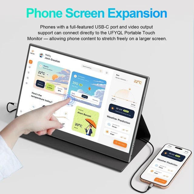 Alt view image 4 of 7 - Portable Touch Monitor 15.6" FHD 1080P IPS USB-C & HDMI Second Screen Ultra-Slim 10-Point Touch with Cover Stand, USB-C & Mini HDMI, VESA Mount, for Laptop, PC,mini PC,Mac book