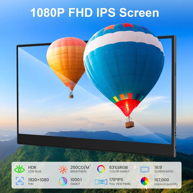 Alt view image 2 of 7 - Portable Touch Monitor 15.6" FHD 1080P IPS USB-C & HDMI Second Screen Ultra-Slim 10-Point Touch with Cover Stand, USB-C & Mini HDMI, VESA Mount, for Laptop, PC,mini PC,Mac book