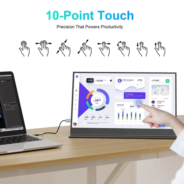Alt view image 6 of 7 - Portable Touch Monitor 15.6" FHD 1080P IPS USB-C & HDMI Second Screen Ultra-Slim 10-Point Touch with Cover Stand, USB-C & Mini HDMI, VESA Mount, for Laptop, PC,mini PC,Mac book