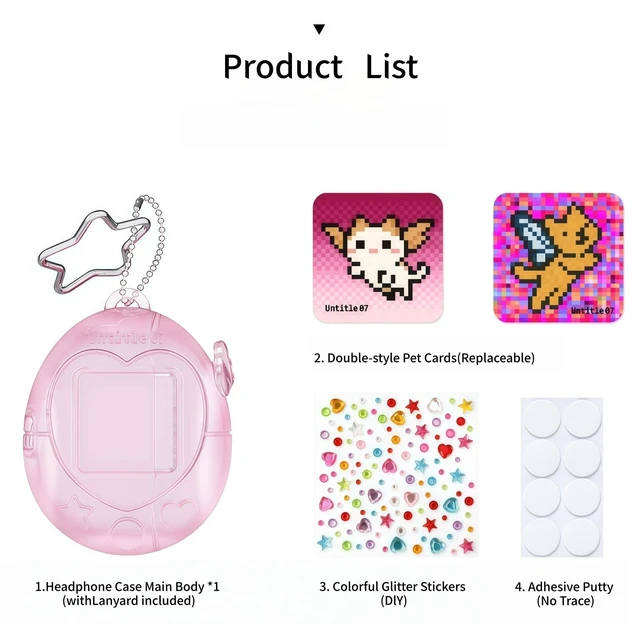 Alt view image 6 of 7 - Virtual Pet AirPods Case, Pink Kawaii Tama gotchi Style Protective Cover with Star Keychain, Replaceable Pet Cards, Glitter Stickers for AirPods 4/Pro 2/1 (Pink, Airpods 4)