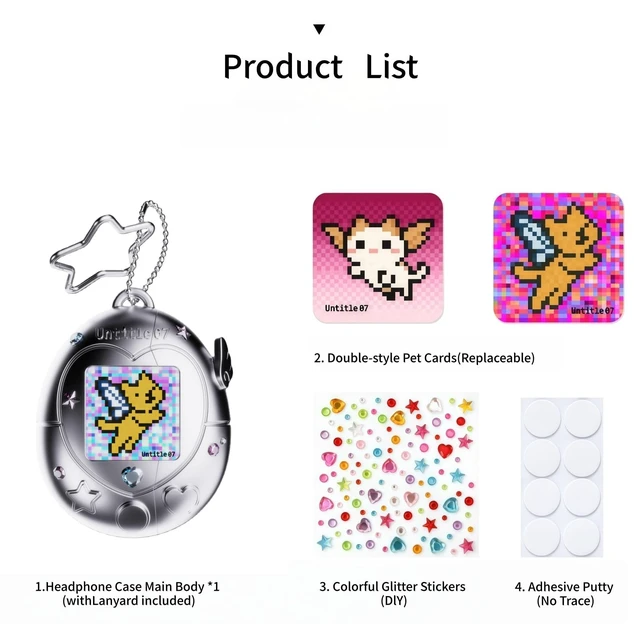 Alt view image 6 of 7 - Virtual Pet AirPods Case, Pink Kawaii Tama gotchi Style Protective Cover with Star Keychain, Replaceable Pet Cards, Glitter Stickers for AirPods 4/Pro 2/1 (Silver, Airpods 4)