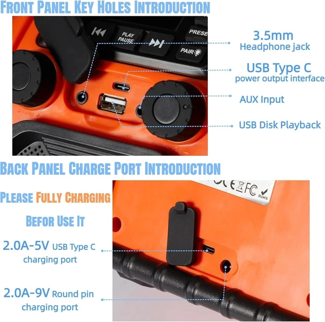 Alt view image 6 of 7 - Jobsite Radio Bluetooth Speaker, 8000mAH Battery, IPX 66 Waterproof, Cell Phone Charging, Portable Jobsite Speaker with LED Lights, Portable Worksite Speakers for Outdoor/Work/Garage (Orange)