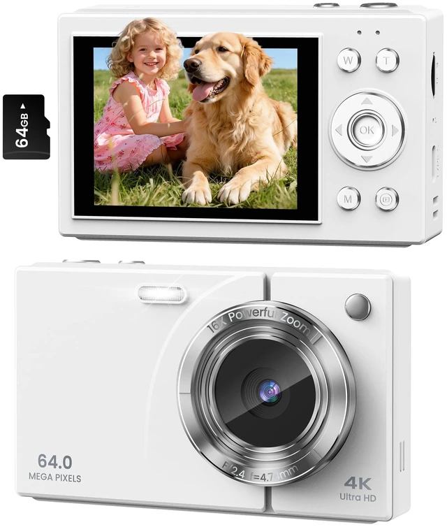 Main image of Digital Camera 4K Autofocus Vlogging Camera with 64GB Card, 64MP, 16X Zoom Creative Filters, Continuous Shooting, Self-Timer, Smile Capture, Record While Charging Support, Travel, Birthday Gift, White