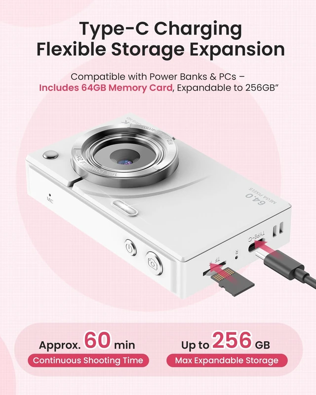 Alt view image 4 of 7 - Digital Camera 4K Autofocus Vlogging Camera with 64GB Card, 64MP, 16X Zoom Creative Filters, Continuous Shooting, Self-Timer, Smile Capture, Record While Charging Support, Travel, Birthday Gift, White