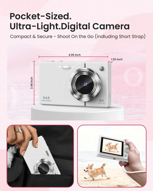 Alt view image 5 of 7 - Digital Camera 4K Autofocus Vlogging Camera with 64GB Card, 64MP, 16X Zoom Creative Filters, Continuous Shooting, Self-Timer, Smile Capture, Record While Charging Support, Travel, Birthday Gift, White