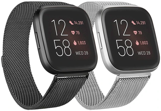 Main image of 2 Pack Metal Bands for Fitbit Versa/Fitbit Versa 2 / Fitbit Versa Lite for Women Men, Stainless Steel Mesh Breathable Wristband Strap with Adjustable Magnet Lock