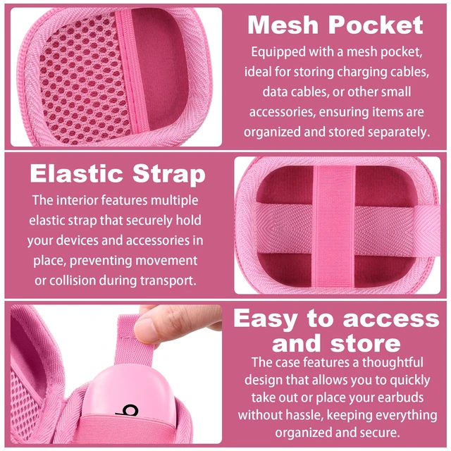 Alt view image 3 of 7 - Hard Case for Beats Powerbeats Fit with Carabiner Clip, Pink Travel Storage, Space For Earbuds And Accessories, Soft Lining, Protective Exterior