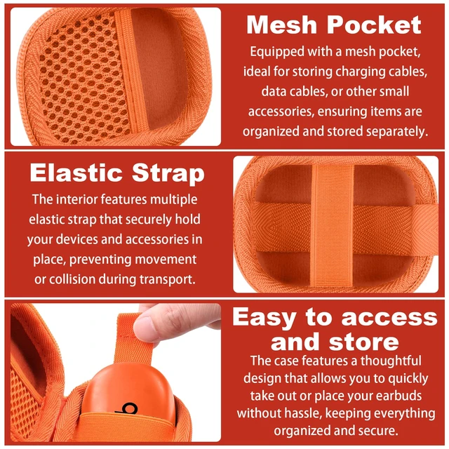 Alt view image 3 of 7 - Hard Case for Beats Powerbeats Fit with Carabiner Clip, Orange Travel Storage, Space For Earbuds And Accessories, Soft Lining, Protective Exterior