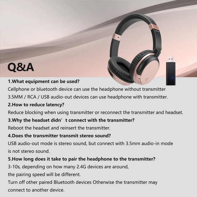 Alt view image 6 of 6 - Wireless TV Headphones with Bluetooth USB Transmitter - Rose Gold Low latency over-ear headset with clear mic & 3.5mm AUX. Connect to TV/PC via USB transmitter or directly to phone