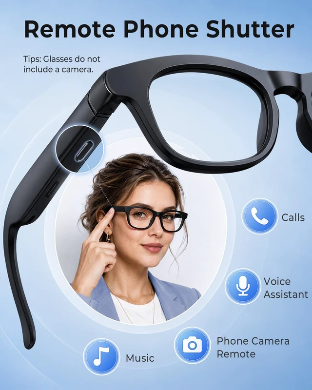 Alt view image 6 of 7 - Photochromic Smart Glasses, Open-Ear Bluetooth 5.4 Audio Eyewear 35g Lightweight frame, Type-C charging, 4-5h battery, and easy 1-button control with remote shooting