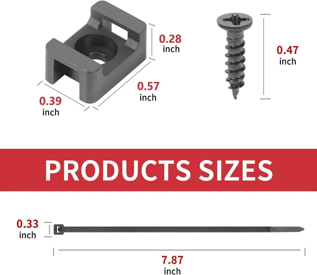 Alt view image 2 of 7 - Saddle Type Zip Tie Mounts Base Kit, 8" Ties, Screws 200Pcs Each Wire Clips Anchor Management Fastener for Baseboard, Wall or Desk, Black
