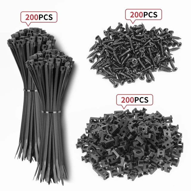 Alt view image 4 of 7 - Saddle Type Zip Tie Mounts Base Kit, 8" Ties, Screws 200Pcs Each Wire Clips Anchor Management Fastener for Baseboard, Wall or Desk, Black