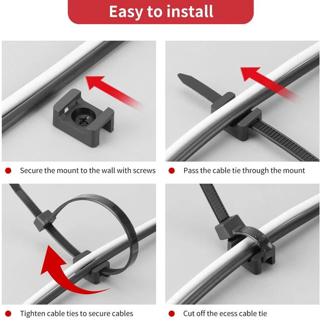 Alt view image 5 of 7 - Saddle Type Zip Tie Mounts Base Kit, 8" Ties, Screws 200Pcs Each Wire Clips Anchor Management Fastener for Baseboard, Wall or Desk, Black