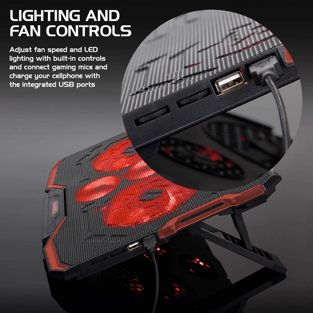 Alt view image 5 of 7 - Cryogen Gaming Laptop Cooling Pad - Fits 17 in. Computer, PS4 - Adjustable Laptop Cooling Stand with 5 Quiet Cooler Fans, 2 USB Ports and LED Lighting - Slim Portable Design 2500 RPM (Red)