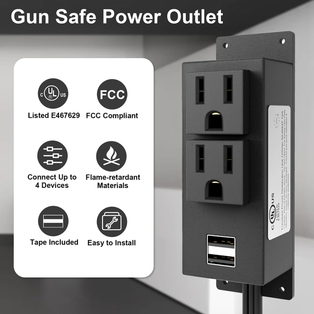 Alt view image 3 of 7 - Gun Safe Power Outlet Kit with 2 AC Outlets and 2 USB Ports UL Listed Interior-Mount Power Strip with 6.9 ft Removable Cables and Quick Connector for Gun Cabinets and Safes