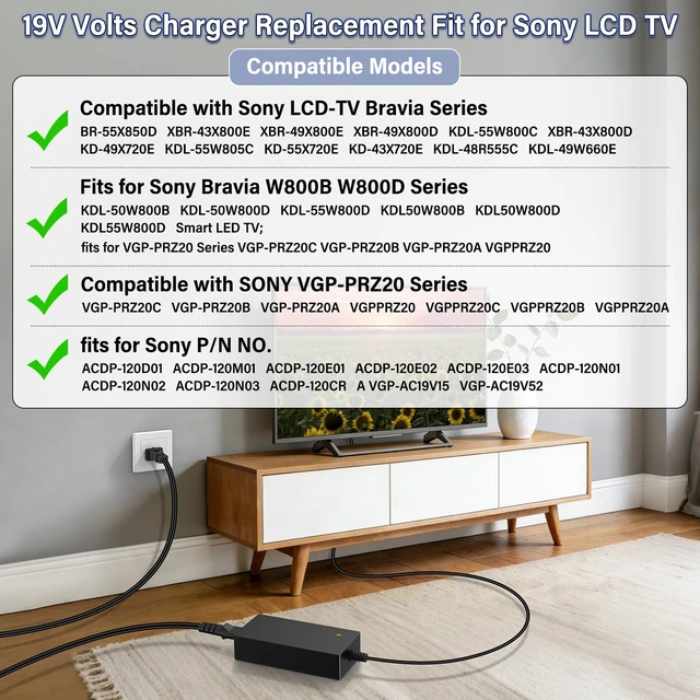 Alt view image 4 of 7 - 19V TV Charger Cord Fit for Sony TV XBR-55X850D XBR-43X800E XBR-49X800E AC Adapter for Sony XBR-49X800D KDL-55W800C XBR-43X800D KD-49X720E KDL-55W805C KD-55X720E KD-43X720E KDL-48R555C KDL-49W660E