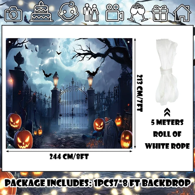 Alt view image 2 of 7 - 7 x 8 ft Halloween Garage Door Banner Cover Decorations Large Polyester Backdrop, Spooky Cemetery Scene, 8 Hanging Holes and 4 Ropes, Easy Setup, Holiday Wall Outdoor Decorations