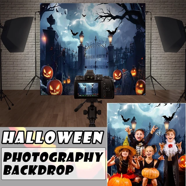 Alt view image 3 of 7 - 7 x 8 ft Halloween Garage Door Banner Cover Decorations Large Polyester Backdrop, Spooky Cemetery Scene, 8 Hanging Holes and 4 Ropes, Easy Setup, Holiday Wall Outdoor Decorations