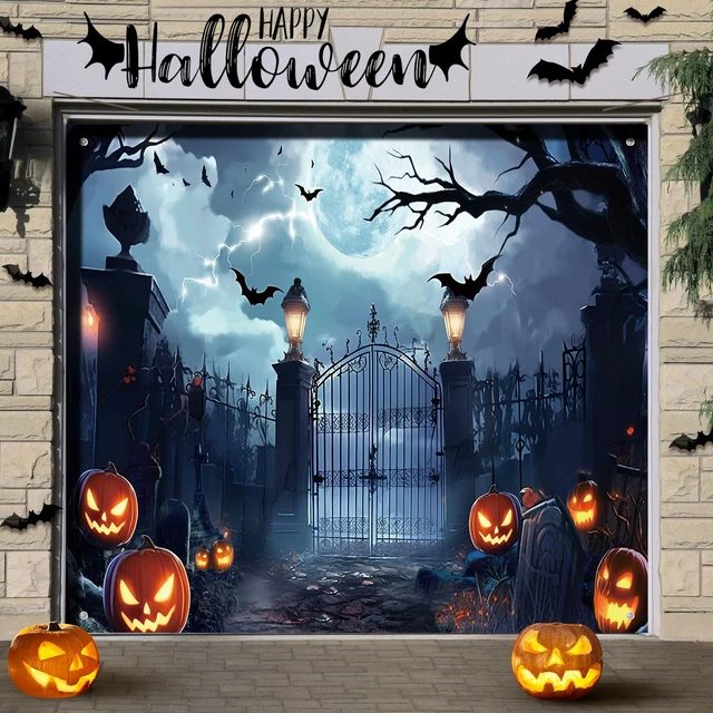 Alt view image 4 of 7 - 7 x 8 ft Halloween Garage Door Banner Cover Decorations Large Polyester Backdrop, Spooky Cemetery Scene, 8 Hanging Holes and 4 Ropes, Easy Setup, Holiday Wall Outdoor Decorations
