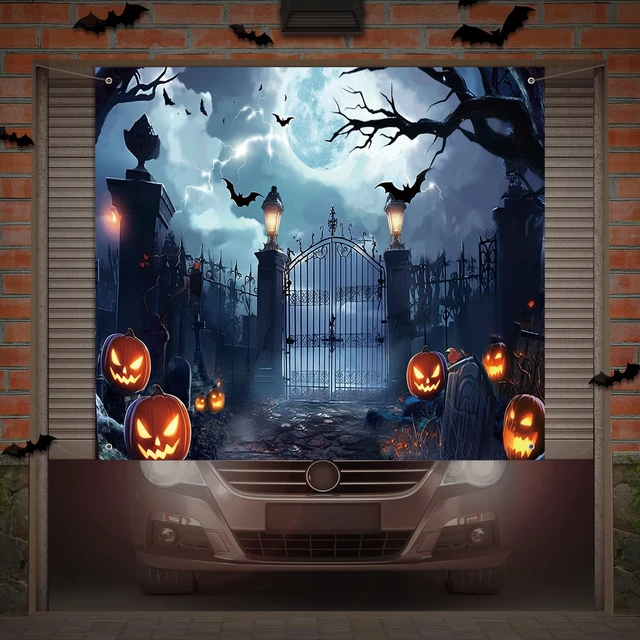 Alt view image 6 of 7 - 7 x 8 ft Halloween Garage Door Banner Cover Decorations Large Polyester Backdrop, Spooky Cemetery Scene, 8 Hanging Holes and 4 Ropes, Easy Setup, Holiday Wall Outdoor Decorations