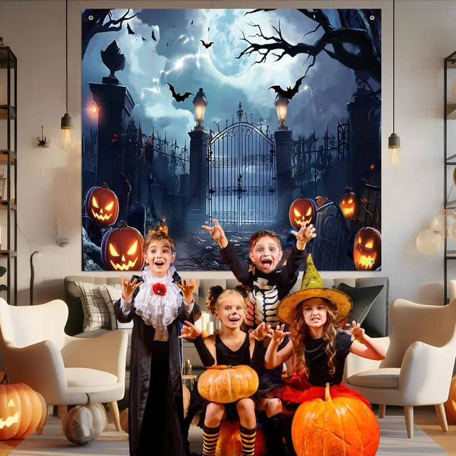 Alt view image 7 of 7 - 7 x 8 ft Halloween Garage Door Banner Cover Decorations Large Polyester Backdrop, Spooky Cemetery Scene, 8 Hanging Holes and 4 Ropes, Easy Setup, Holiday Wall Outdoor Decorations