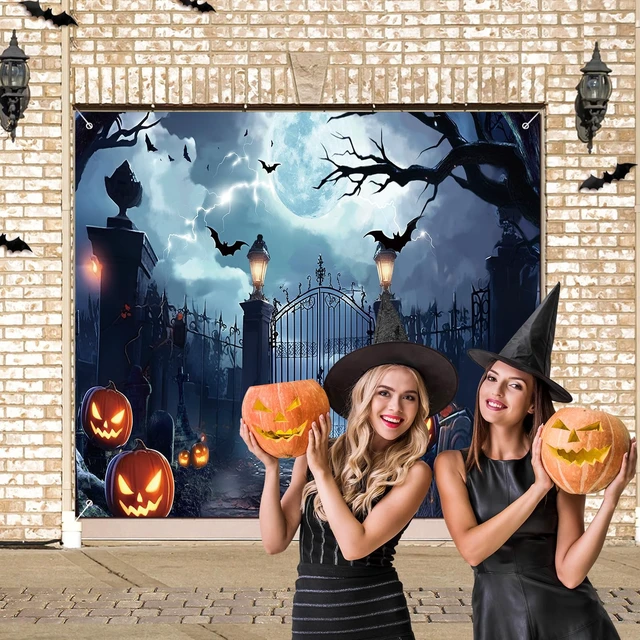Alt view image 5 of 7 - 7 x 8 ft Halloween Garage Door Banner Cover Decorations Large Polyester Backdrop, Spooky Cemetery Scene, 8 Hanging Holes and 4 Ropes, Easy Setup, Holiday Wall Outdoor Decorations