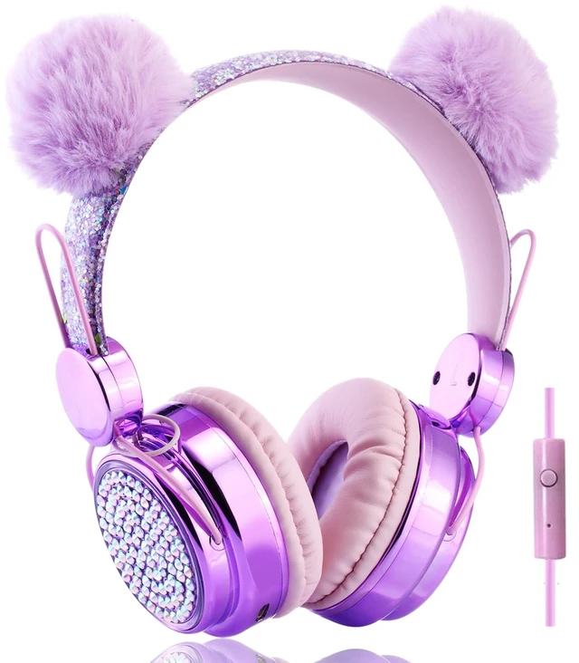 Main image of Kids Headphones for Girls with Microphone, 3.5mm Plug Sparkly Bear Ear Cute Wired Headsets for Gift, School (Purple)