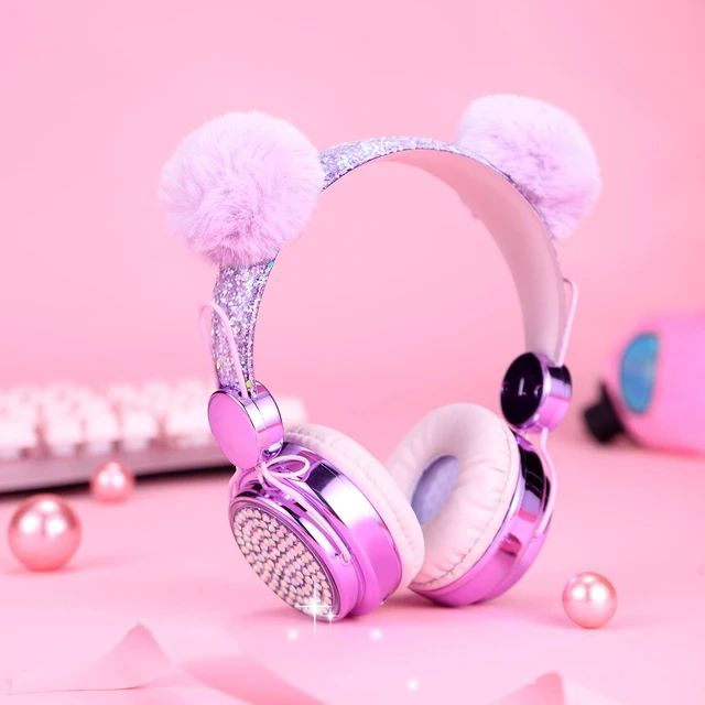 Alt view image 2 of 6 - Kids Headphones for Girls with Microphone, 3.5mm Plug Sparkly Bear Ear Cute Wired Headsets for Gift, School (Purple)