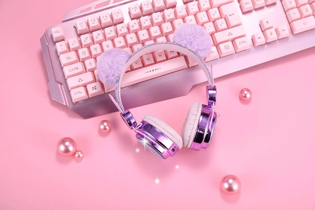 Alt view image 3 of 6 - Kids Headphones for Girls with Microphone, 3.5mm Plug Sparkly Bear Ear Cute Wired Headsets for Gift, School (Purple)
