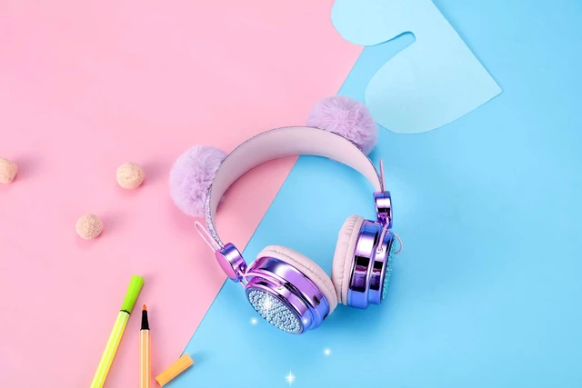 Alt view image 6 of 6 - Kids Headphones for Girls with Microphone, 3.5mm Plug Sparkly Bear Ear Cute Wired Headsets for Gift, School (Purple)