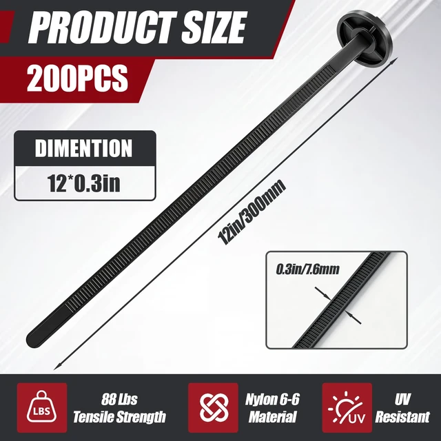 Alt view image 2 of 7 - 200 Pcs 12 Inch 88lbs Buckle Cable Ties Automotive, Button Head Push UV Resistant PA66 Nylon Pin & Button Buckle Zip Tie Toothed, Self Locking Bumper Clips for Car Repair Industrial Wiring