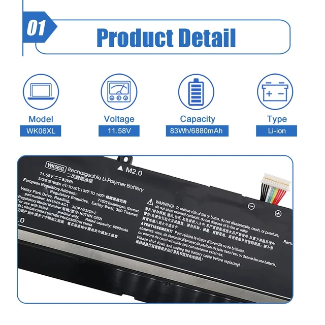Alt view image 2 of 6 - 83Wh WK06XL Laptop Battery Replacement for HP Omen 16-b0xxx 16-b0000TX 16-B0047TX 16-C0xxx 16-C0167AX Omen 7 Plus 17-ck0xxx 17-CK0007NV 17T-CK100 Series M41711-005 M41640-AC1 M41640-CD1 11.58V