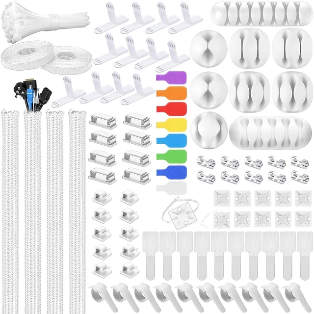 Main image of 193 PCS Cable Management Kit - 4 Cable Sleeve, 57 Self Adhesive Cable Clips, 12 Hanging Strips, 12 Cable Organizer Straps and 100 Fastening Cable Ties for TV Computer Under Desk (White)